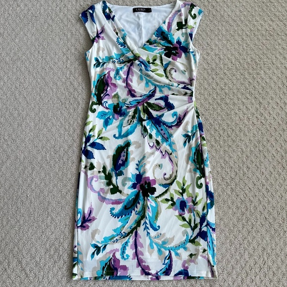 Lauren Ralph Lauren Paisley Floral Pleated Jersey Dress Multicolored 8 Office - Picture 4 of 13